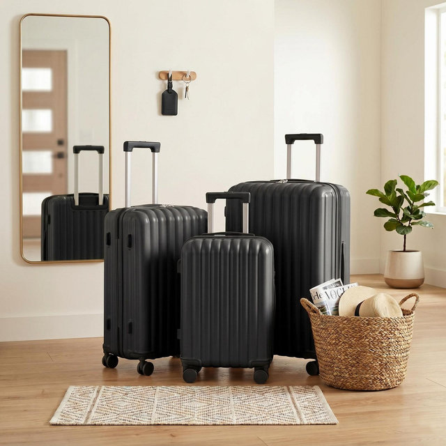3-Piece ABS Spinner Luggage Set– Lightweight Carry-On with Cup&Phone Holder, USB Port, Black-Perfect for Decoration & Family Travel, Kid's Suitcase