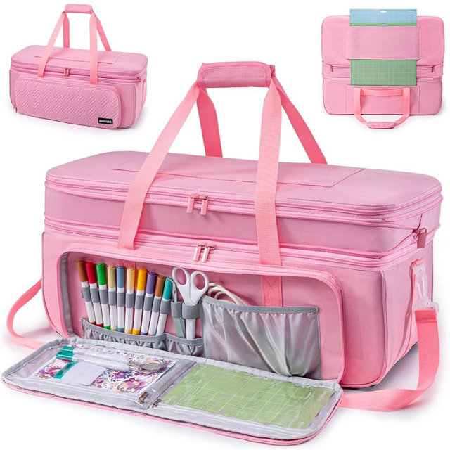 AMOIGEE Double-Layer Carrying Case Compatible with Cricut Maker 4, Explore 4, Maker 3, Explore Air, Silhouette Cameo – Sturdy Storage Bag with Pockets for Cricut Accessories, Vinyl, Tools & Supplies