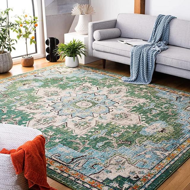 SAFAVIEH Madison Collection MAD473Y Boho Chic Medallion Distressed Non-Shedding Living Room Bedroom Dining Home Office Area Rug, 9' x 12', Green / Turquoise