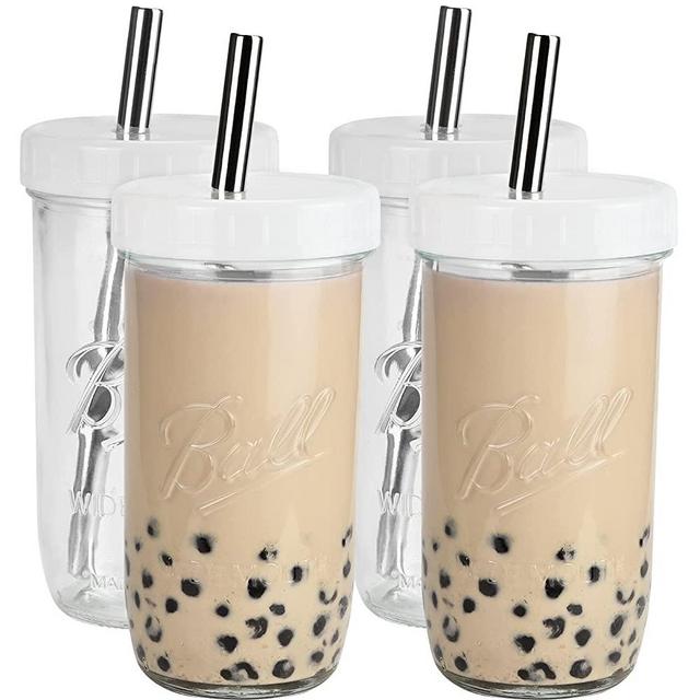 Bedoo Bubble Tea Cups 4 Pack 24 oz, Reusable Wide Mouth Smoothie Cups, Iced Coffee Cups With White Lids and Silver Straws Ball Mason Jars Glass Cups, Travel Glass Drinking Bottle