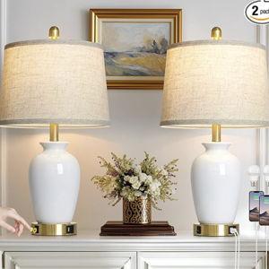 23" Set of 2 White Ceramic Small Table Lamp for Living Room Bedroom,Farmhouse Bedside Lamps Nightstand Lamp for End Table Entryway