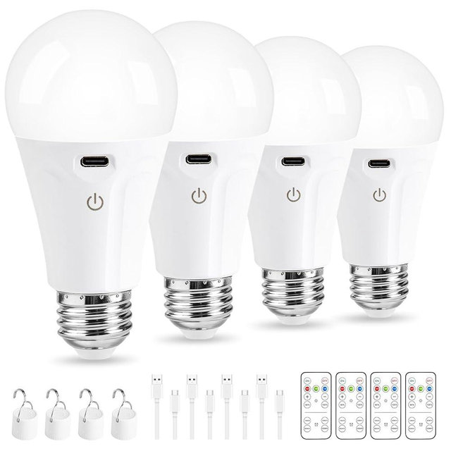 Powfloven Rechargeable Light Bulbs with Remote Control and USB Charging; Dimmable Battery Operated Light Bulb with 3 Colors and 4 Timer; A19 Wireless Light Bulbs for Wall Sconce Not-Hardwired, 4 Pack