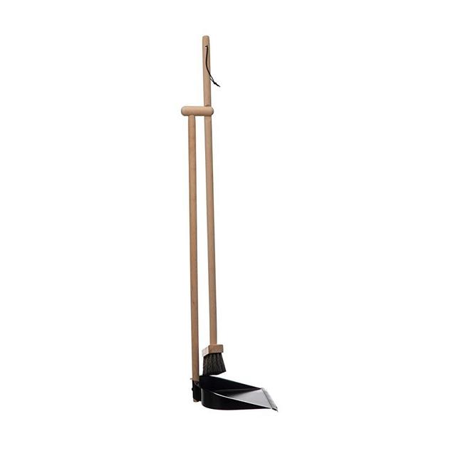 Creative Co-Op Beech Wood Broom & Standing Metal Dust, Natural & Black, Set of 2 Broom & Dust Pan, 2