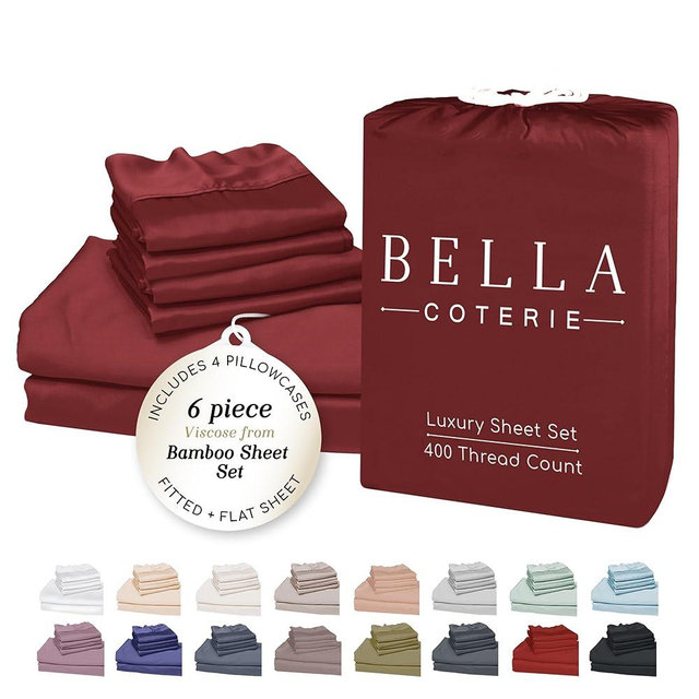 Bella Coterie 6 Piece Luxury Bamboo Viscose King Size Sheet Set | 100% Organically Grown | Cooling for Hot Sleepers | 18" Deep Pocket | Soft & Hypoallergenic | 4 Pillowcases [Merlot]