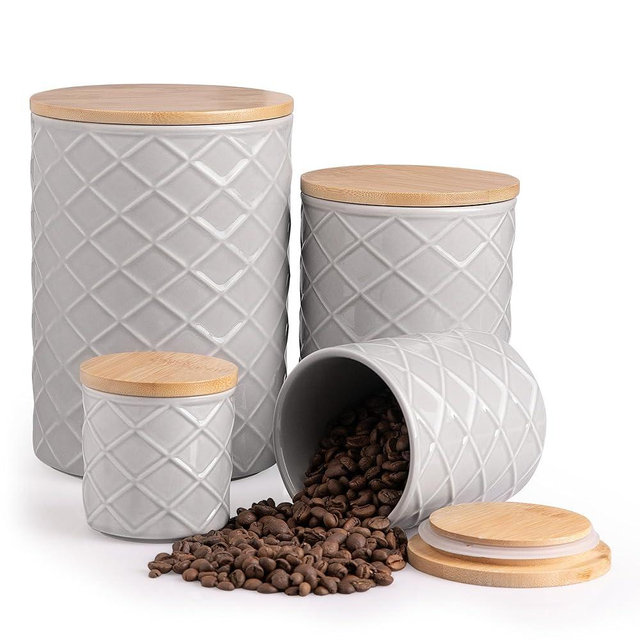 Sweejar Ceramic Canisters Sets for Kitchen Countertop, Relief Food Storage Jar with Bamboo Lid, Stackable Container for Flour, Coffee, Pasta, Cereal, Tea, Cookies, Sugar, Spices, Pack of 4 (Gray)
