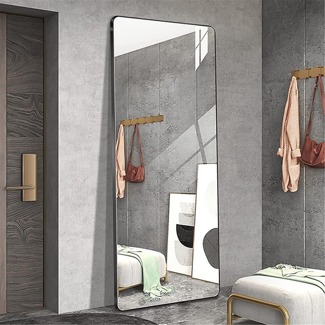 LAIYA 65”24” Aluminum Floor Mirror Full Length Mirrors Leaning Rounded Corner Rimless Standing Large Mirror Bedroom,Shop,Office,Hotel 5MM Silver Mirror (Black)