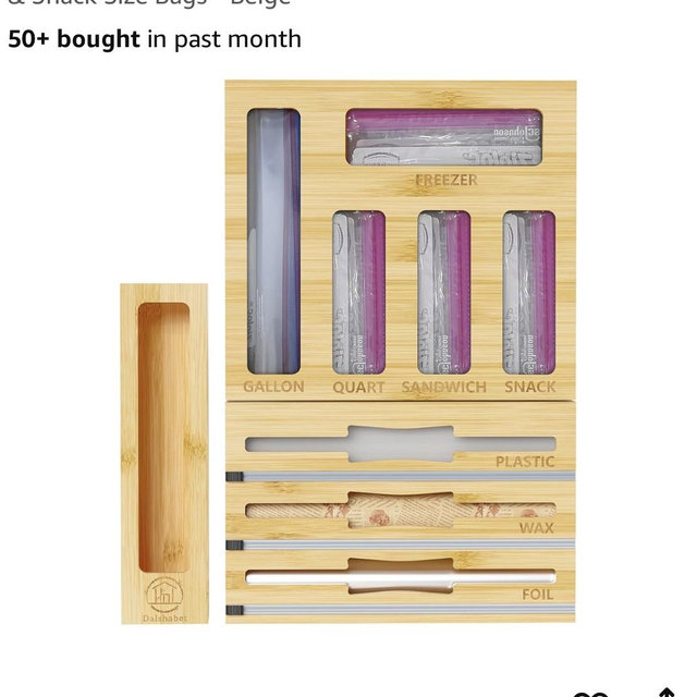 DALSHABET 9 IN1 Bamboo Storage Bag Drawer Organizer with Cutter, Foil and Plastic Wrap Dispenser for Kitchen Storage Compatible with All Brands Gallon, Quart, Sandwich & Snack Size Bags - Beige