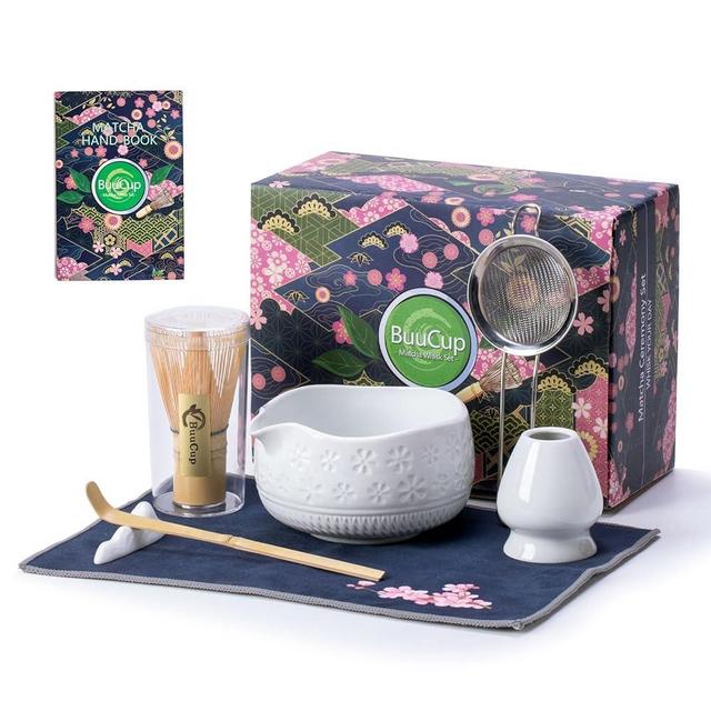 Buucup Matcha Whisk Set, Ceramic Matcha Set Includes Matcha Bowl, Matcha Whisk and Holder, Bamboo Scoop, Scoop Rest, Sifter and Tea Towel - 7 Pcs Matcha Kit for Matcha Lovers (White)