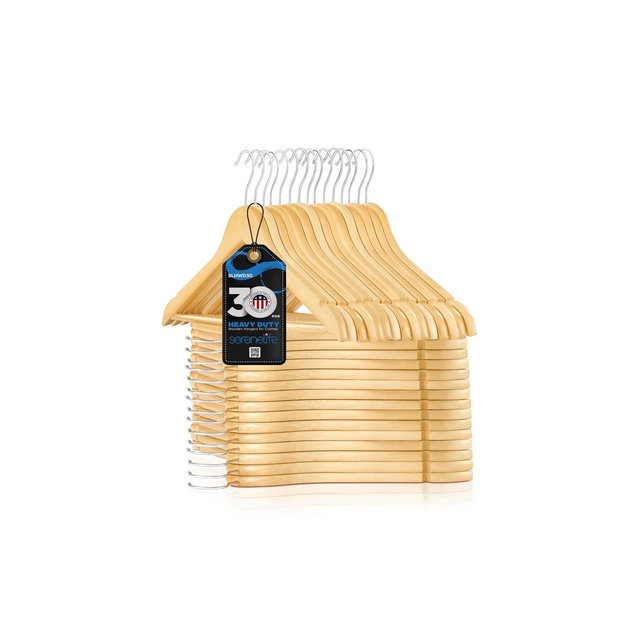 SereneLife 30pc Solid Wooden Clothes Hangers - Heavy Duty Coat Hanger Set, Natural Finish