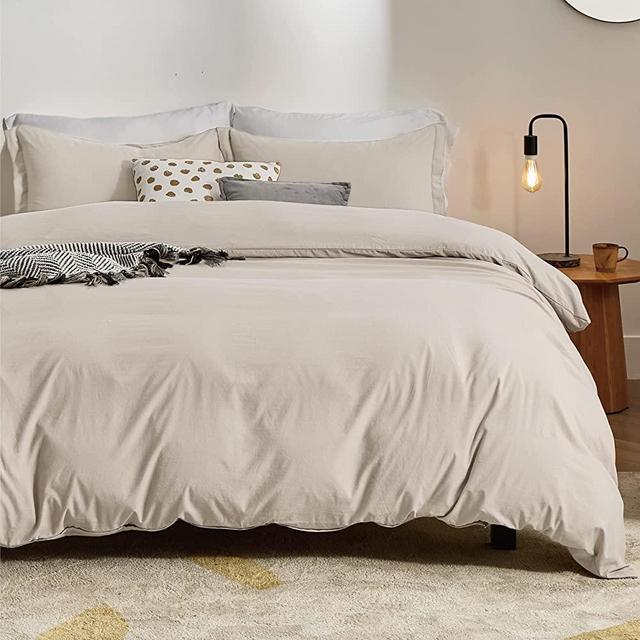 Bedsure Duvet Cover Queen Size - Washed Queen Duvet Covers, Soft Duvet Cover Set 3 Pieces with Zipper Closure, 1 Duvet Cover 90x90 inches and 2 Pillow Shams (Tannish Linen Grey)