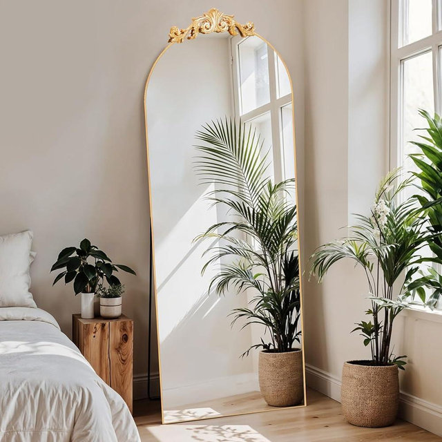 MISSDAY Vintage Baroque Full Length Mirror, 65"X24" Antique Large Arched Full Body Mirror Freestanding with French Carving Top, Full Metal Frame Stand Up Retro Mirrors for Bedroom Living Room, Gold