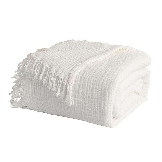 EMME Throw Blanket Muslin 100% Cotton Summer Throw Blankets for Couch 4-Layer Breathable Gauze Blanket with Tassel All Season Soft and Lightweight Pre-Washed Cotton Blanket (White, 50"x60")