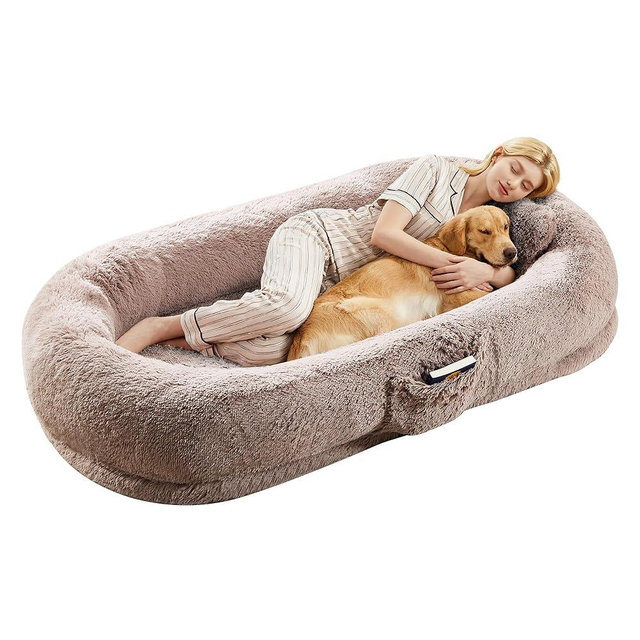 Giant Human & Pet Dog Bed, Washable Faux Fur Orthopedic Bed with Plump Pillow, Side Pocket & Strap, No Assembly Needed - Light Brown with Pillow