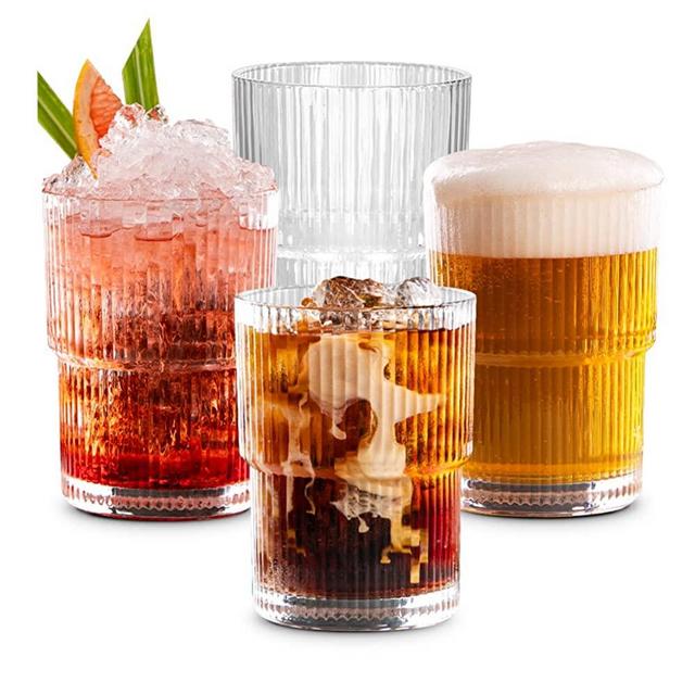 2PCS Ribbed Glass cups with Bamboo Lids and Glass Straws, Fluted Vintage  Ripple Clear Glassware, Origami Style Drinking Glasses for Juice, Beer,  Iced