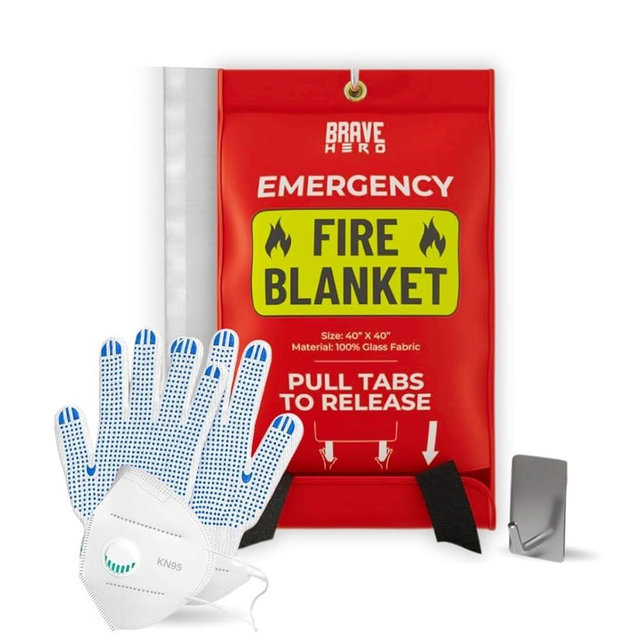 BRAVE HERO Fire Safety Kit | Kitchen Fire Blanket with Gloves & KN95 Masks | Emergency Fire Suppression Blanket