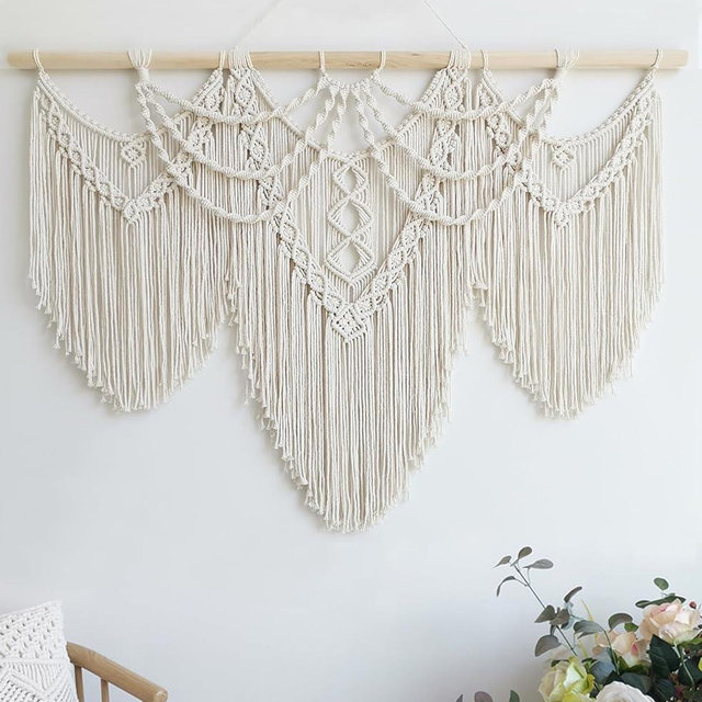 Achart Large Macrame Wall Hanging - Boho Tapestry Macrame Wall Decor Art- Chic Bohemian Handmade Woven Tapestry Home Decoration for Bedroom Living Room Wedding Party (Beige-Fringe)
