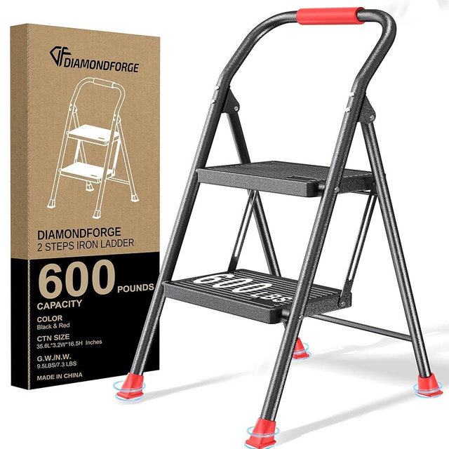 Step Ladder Foldable Folding Stool - for Home Adults Kitchen 2 Stepping Extension Tall Heavy Duty with Handrails - Closet Stepstool Stair Ladders Extendable Stepladder for Indoor House 600Lbs