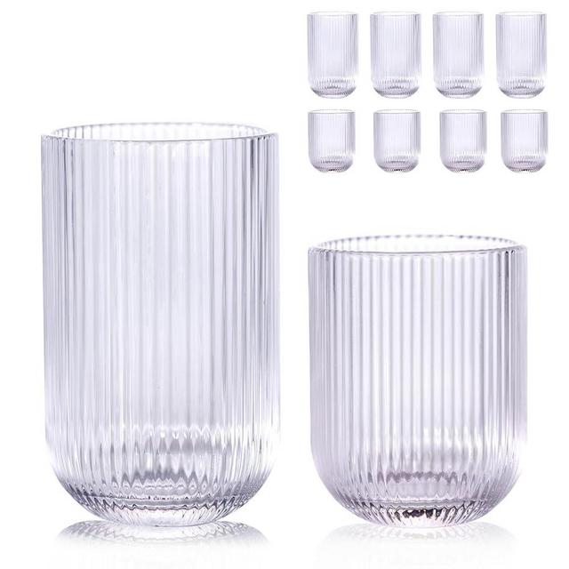 WeirdUncle Set of 8 Ribbed Glassware,4 Highball Glasses 14oz & 4 Rocks Drinking Glasses 9oz, Clear, Origami Style, Fluted Design, for Milk, Water, Cocktail, Juice, Beer, ToothBrush Cup, Gift