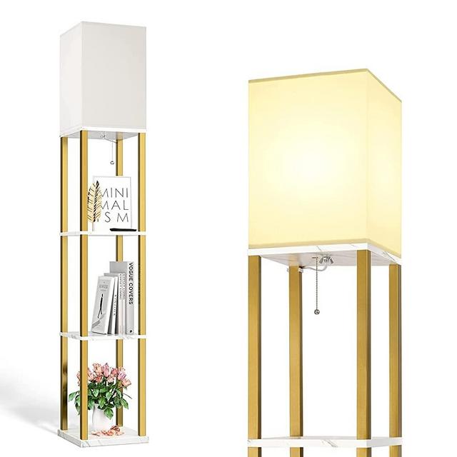 addlon LED Modern Shelf Floor Lamp with White Lamp Shade and LED Bulb - Display Shelves Floor Lamps for Living Room Bedroom and Office - Marble Texture & Gold Frame