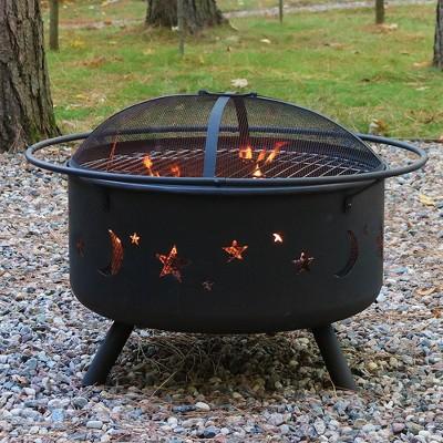 Cosmic Stars and Moon 30" Wood Burning Fire Pit With Cooking Grill - Round - Sunnydaze Decor