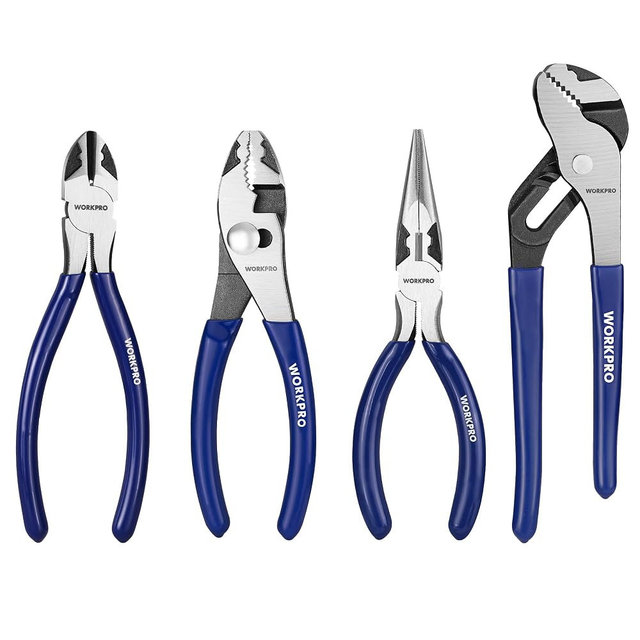WORKPRO Pliers Set, 4-Piece Professional Hand Tool Pliers – 6" Needle Nose, 6" Slip Joint, 8" Groove Joint & 6" Diagonal Cutting Plier, for Home & Electrical Work