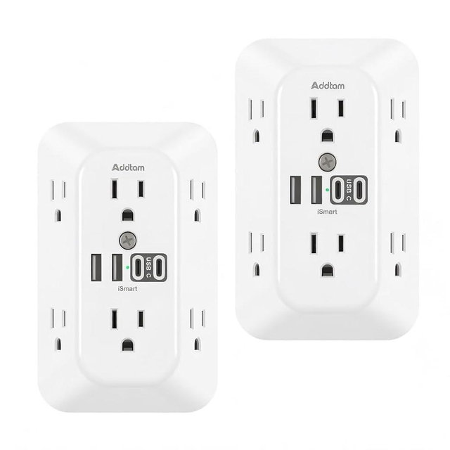 Addtam 6-Outlet Extender Surge Protector, Multi Plug Wall Outlet with 4 USB Wall Charger(2 USB C Ports), Plug Extension Outlet with 1800J, Outlet Splitter Power Strip for Home Office, 2 Pack, White