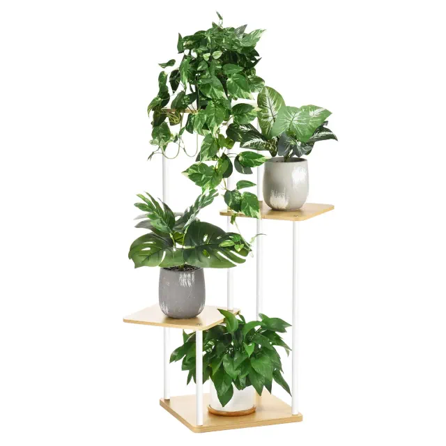 Unique Bargains Wood Metal Corner Display Multiple Flower Pot Plant Stand White 4 Tiers