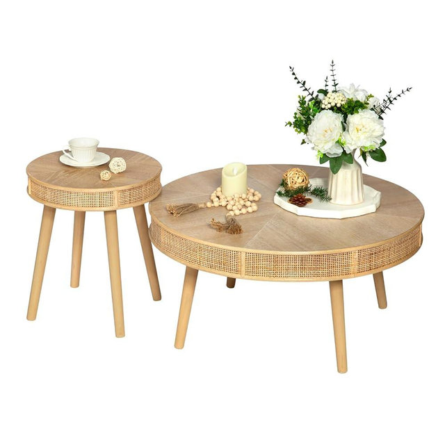 RUSTOWN 2-Piece Farmhouse Coffee Table, Modern Rustic Sofa Side Tea Tables, Solid Wood Finish with Crafted Rattan Side and End Table Sets for Living Room (Natural)