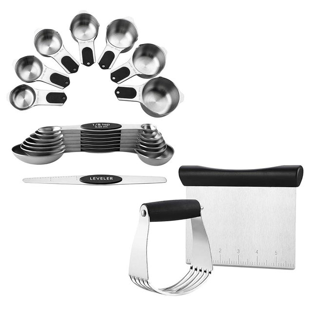 Spring Chef Magnetic Measuring Cups & Spoons Set of 15 with Leveler & Stainless Steel Dough Blender & Pastry Cutter Tool - 2 Product Bundle - Black