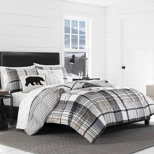 Eddie Bauer Home | Normandy Collection | Bedding Set - Soft and Cozy, Reversible Plaid Comforter, Queen, Grey Plaid