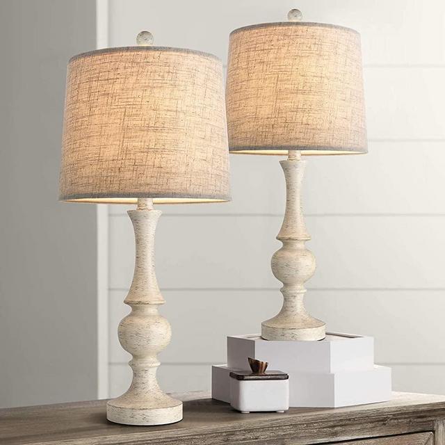 Oneach Traditional Table Lamps Set of 2 for Living Room 24.5” Vintage Bedside Night Light Lamp Fabric Drum Shade for Bedroom Office Study White Washed
