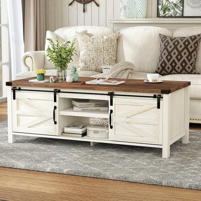 jimeimen Farmhouse Coffee Table with Sliding Barn Doors&Storage, Living Room Center Tables,Rustic Wooden Rectangular Tables w/Adjustable Cabinet Shelves