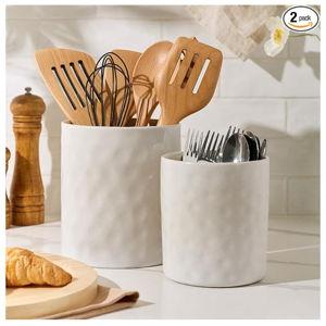 famiware Ocean Utensil Holder, 7.2"+5.8" Ceramic Kitchen Utensil Holder for Countertop, Cooking Utensil Crocks, Utensil Organizer for Spatula & Spoon, Kitchen Decor, Set of 2, Matte White