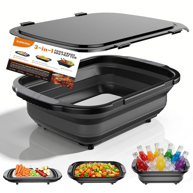 sufkodu BBQ Prep Tub,Built-in Titanium Cutting Board, Large-Capacity（5.3Gal/20L） Foldable Cutting Board, with Locking Lid, Strong Sealing and Leak-Proof Design. Suitable for Kitchen and Outdoor.