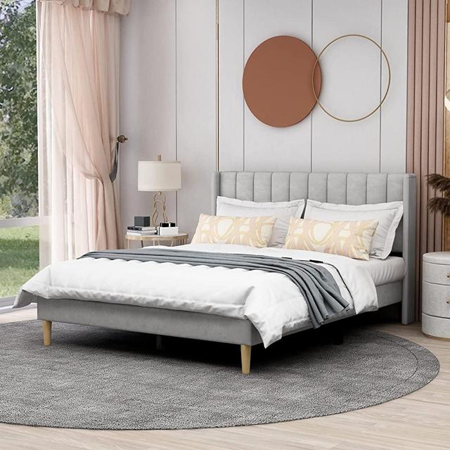 Upholstered Platform Bed Frame Queen Size with Headboard and Footboard/Wooden Slats Support/No Box Spring Needed/Easy Assembly,Cream