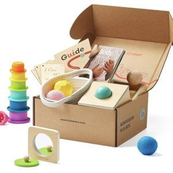 Tiny Land Montessori Toy Set for Babies 7-9 Months Senser Play Kit - 5-in-1 Wooden Learning Toys with Object Permanence Box, Sensory Ball, Stacking Cups and Mirror Puzzle,Body Board Book
