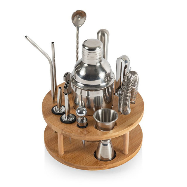 Lazy Susan Bar Tools Set, Bamboo with Silver Accents