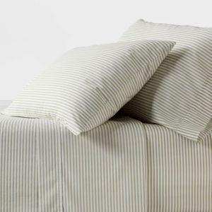 Queen 250 Thread Count Organic Percale Sheet Set Sage Green Stripe Includes 4pc