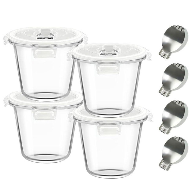 H.JSS WDJS 24oz Round Glass Meal Prep Containers with Lids and Spoons, 3Cup Glass Food Storage Containers Set, BPA-Free Round Food Bowls for Soup, Leftover, Microwave, Dishwasher, Fridge Safe (4-Pack)