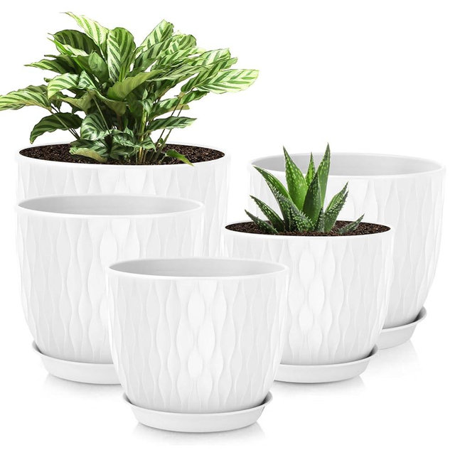 LESOASIS Plant Pots 10/9/8/7.5/7 inch Flower Pots, Set of 5 Plastic Planters with Drainage Holes and Saucers, Nursery Planting Pot for Indoor Outdoor Plants, Livingroom Garden Decor (White)