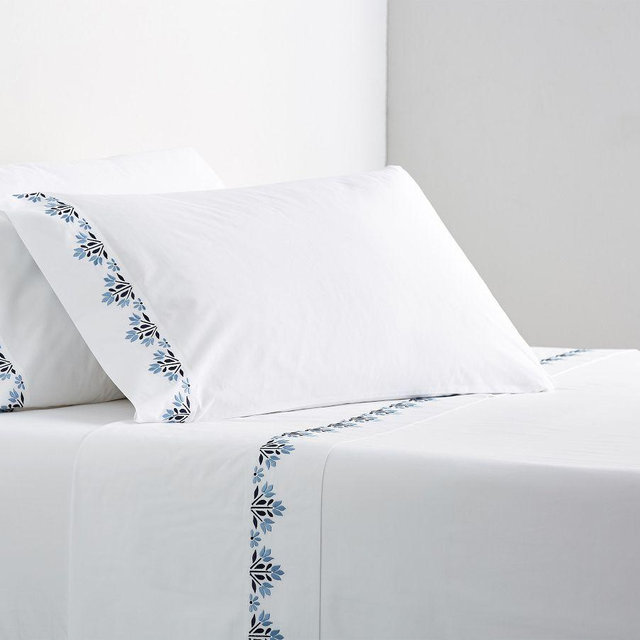 Blossom Embroidered Organic Percale Sheet Set, Cool Multi, Queen