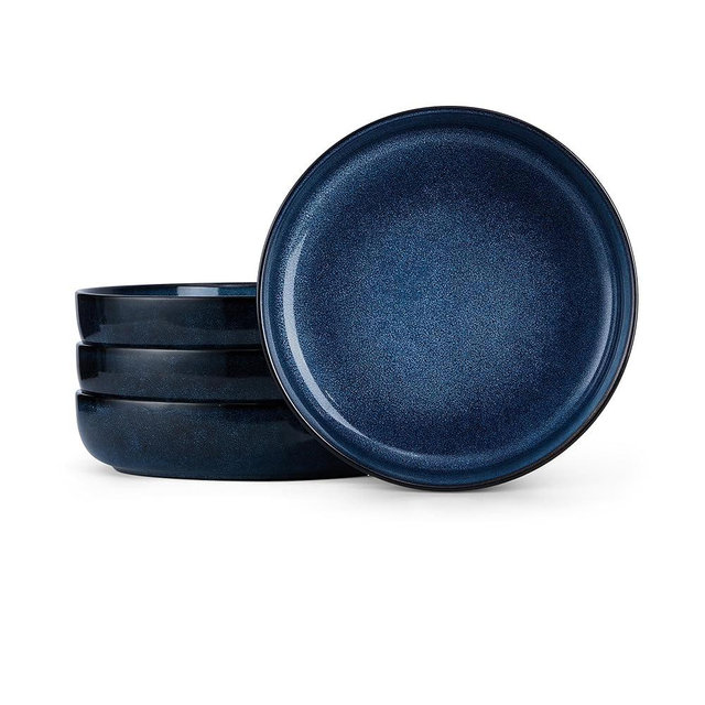 E-far Pasta Bowls Set of 4, 35oz Ceramic Large Salad Plate Bowls for Kitchen, Wide and Shallow Design for Serving Soup Pasta, Double Reactive Glaze, Dishwasher & Microwave Safe, Deep Sea Blue