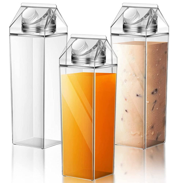 Remerry 3Pcs 34oz Milk Carton Water Bottle Clear Square Milk Bottle Plastic Coffee Milk Carton Bottle Portable Reusable Milk Carton Cup Leakproof Carton Shaped Juice Bottle Outdoor Sports Camping Gym