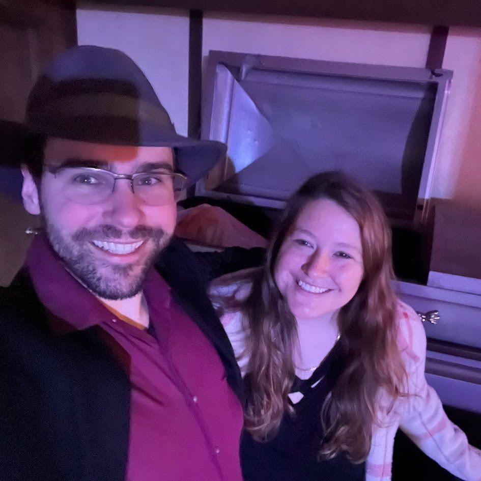 Our first picture together... and yes, that is a coffin.
