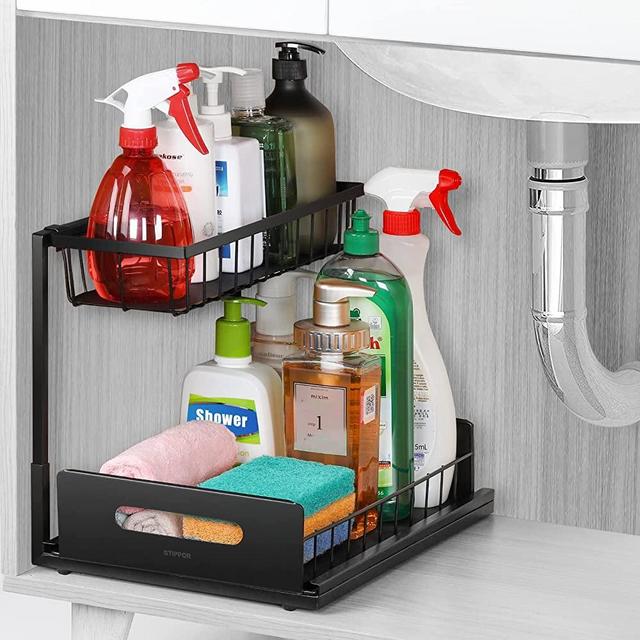 Under Sink Organizer - 2 Tier Bathroom Countertop Organizer Under Cabinet Storage for Kitchen, Under Sink Sliding Shelf Organizer Rack, Multi-Use Under Kitchen Sink Organizers and Storage
