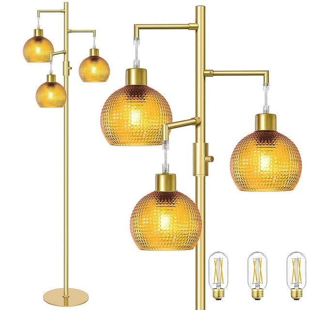 Duoled Modern Floor Lamp for Living Room, Mid Century Standing Tree Lamps with Orange Glass Shade, Dimmable 3 Lights Tall Lamp, 3 x 600LM LED Edison Bulbs Included