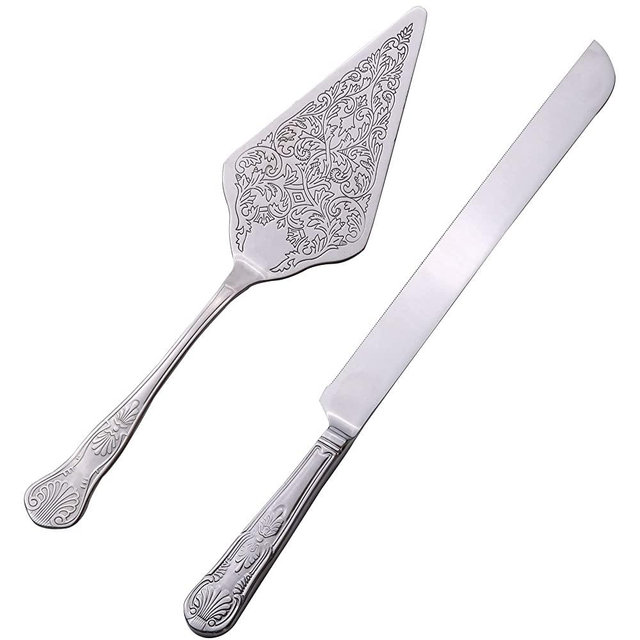 GURUDAR Vintage Wedding Cake Knife and Server Set, Stainless Steel Cake Pie Pastry Cutting Knife & Serving Spatula Set, Premium Party Supplies for Wedding, Birthday, Anniversary & Events, Silver