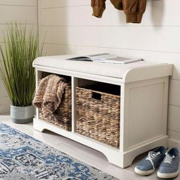 SAFAVIEH Home Collection Freddy Vintage White/ Wicker Basket 2-Drawer Storage Bench with Cushion (Fully Assembled)