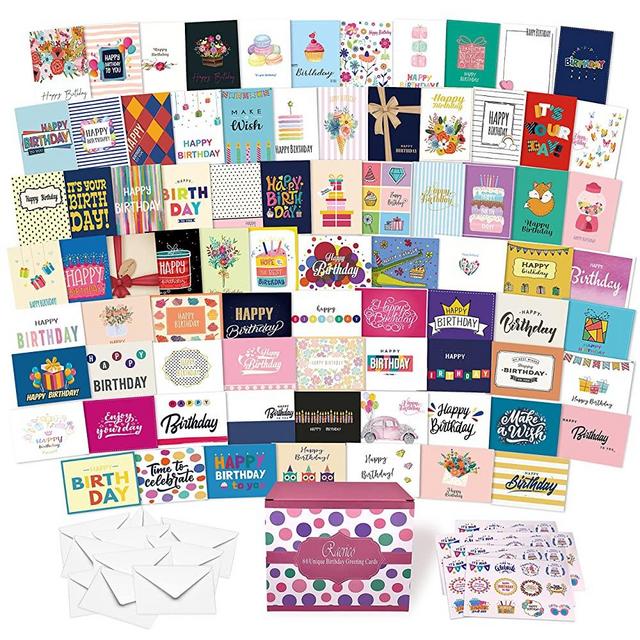80 Unique Birthday Cards- Happy Birthday Cards Bulk With Greetings Inside – Assorted Birthday Cards With Envelopes and Stickers -Large Birthday Cards 5 x 7 inches- Birthday Cards Greeting Cards Bulk Box Set