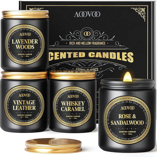 AOOVOO Scented Candles for Men - Candles for Home Scented, Soy Candles, Scented Candles Set, Men Candle Set, Rose Sandalwood/Whiskey Caramel/Lavender/Leather Candles Set T